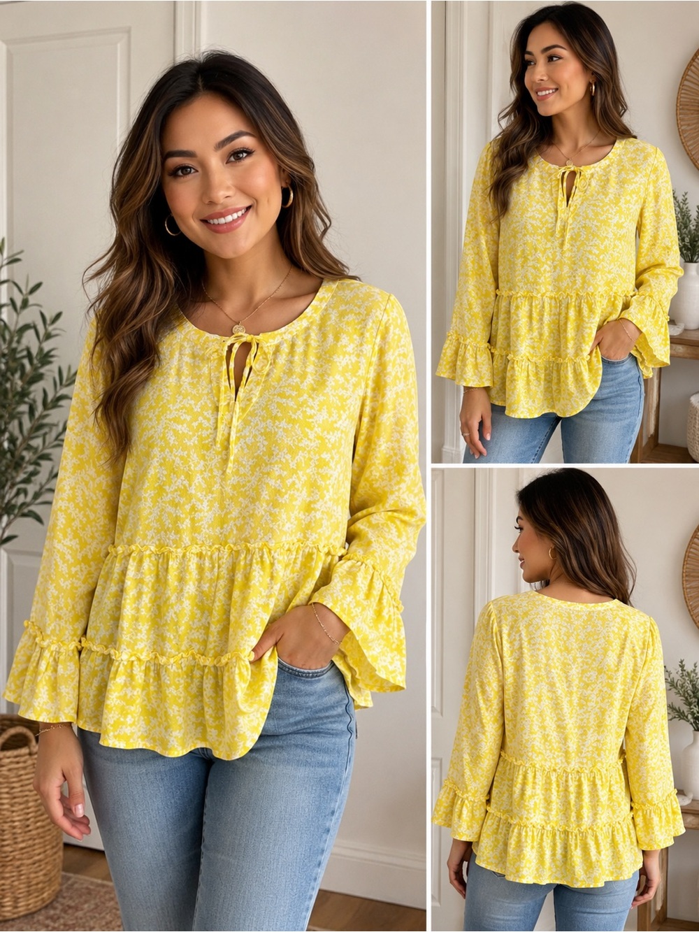 Yellow Floral Tie-Neck Ruffle Tiered Tunic